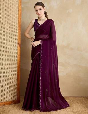 magenta embellished mirror work organza saree 2