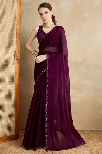 magenta embellished mirror work organza saree