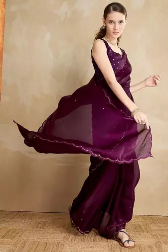 magenta embellished mirror work organza saree