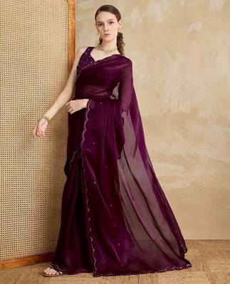 magenta embellished mirror work organza saree 4