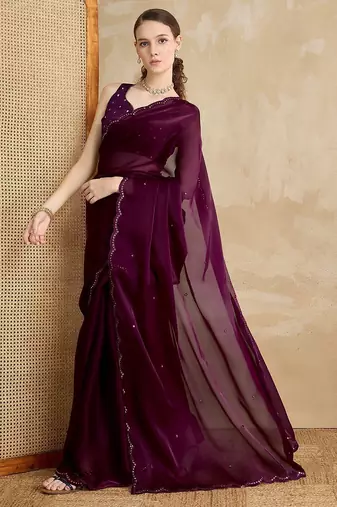 magenta embellished mirror work organza saree