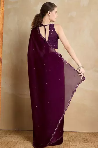 magenta embellished mirror work organza saree