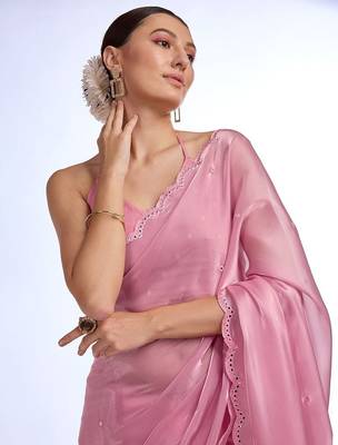 pink embellished mirror work organza saree 1