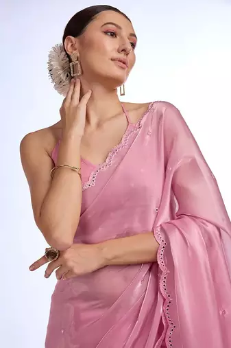 pink embellished mirror work organza saree