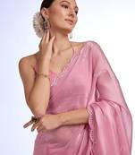 pink embellished mirror work organza saree