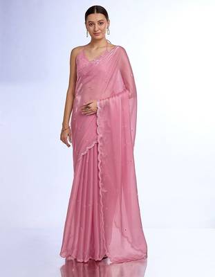 pink embellished mirror work organza saree 2