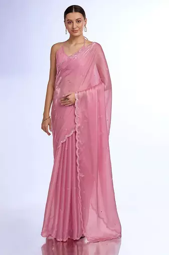 pink embellished mirror work organza saree