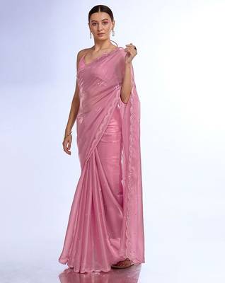 pink embellished mirror work organza saree 3