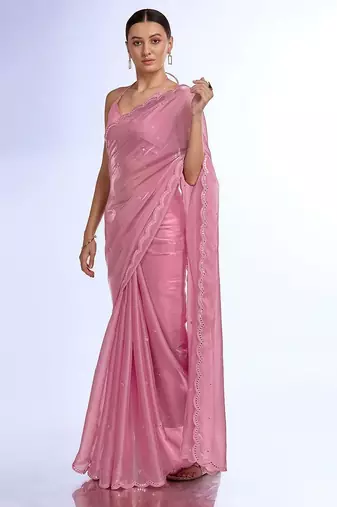 pink embellished mirror work organza saree