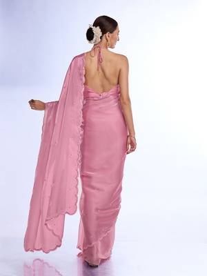 pink embellished mirror work organza saree 5