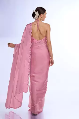 pink embellished mirror work organza saree