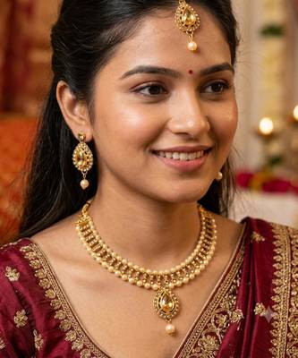 Set Lct Stone Necklace Earrings Maang Tikka Gold Plated 6