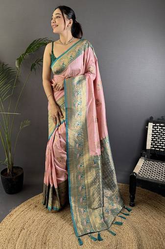 pink ethnic motifs woven design zari banarasi saree