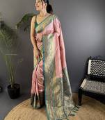pink ethnic motifs woven design zari banarasi saree