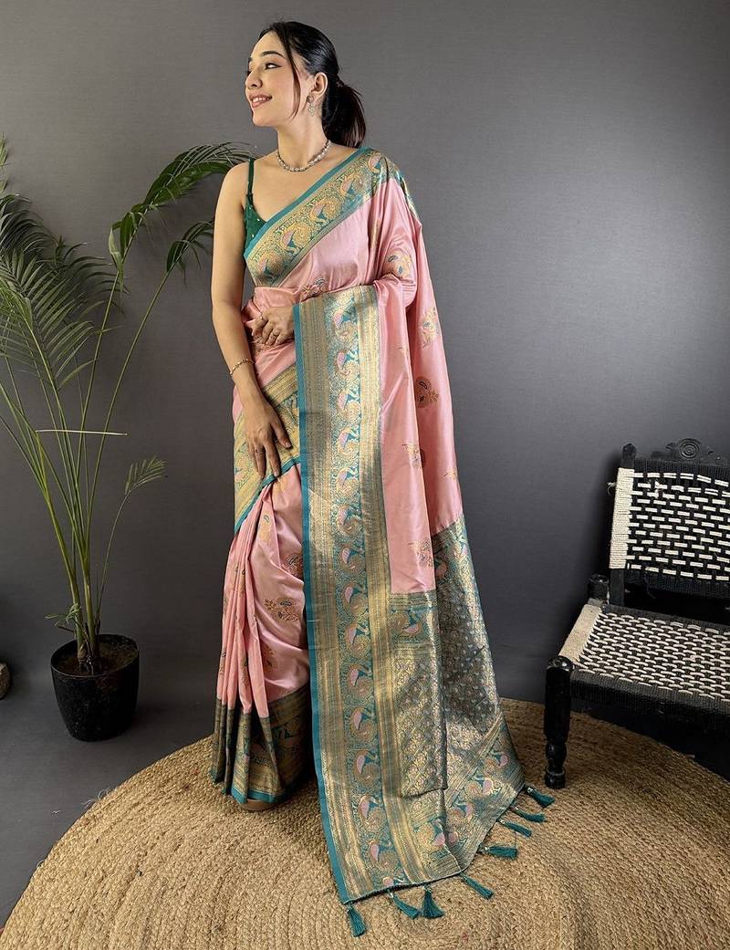 pink ethnic motifs woven design zari banarasi saree