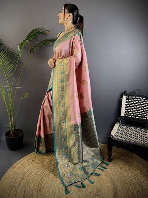 pink ethnic motifs woven design zari banarasi saree 2