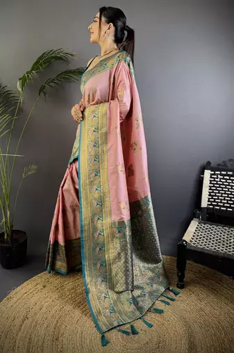 pink ethnic motifs woven design zari banarasi saree