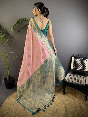 pink ethnic motifs woven design zari banarasi saree 3