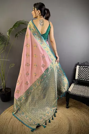 pink ethnic motifs woven design zari banarasi saree