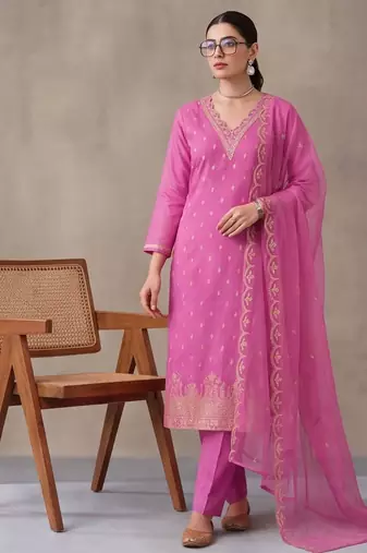 women ethnic motifs thread work kurta with trousers & with dupatta
