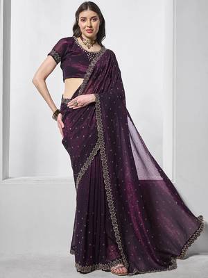 burgundy embellished beads and stones organza saree 1