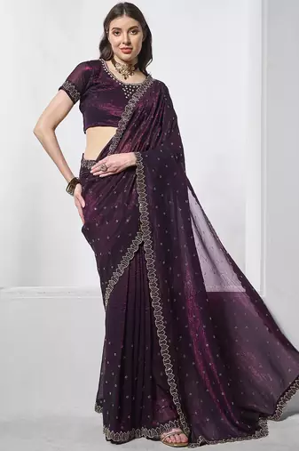 burgundy embellished beads and stones organza saree
