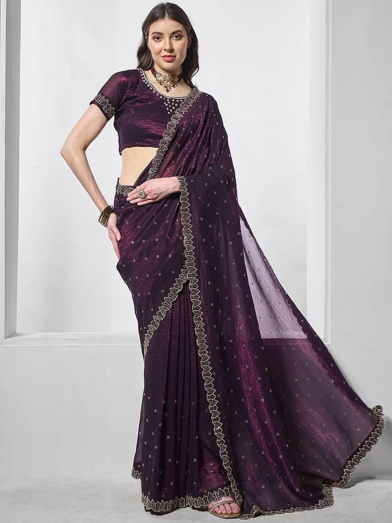 burgundy embellished beads and stones organza saree