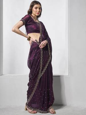 burgundy embellished beads and stones organza saree 2
