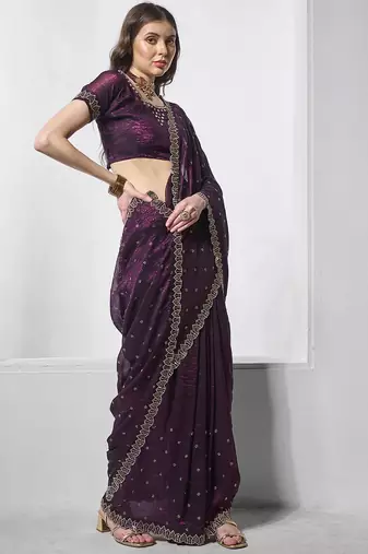 burgundy embellished beads and stones organza saree