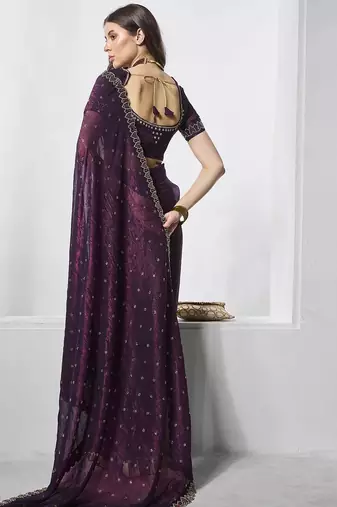 burgundy embellished beads and stones organza saree