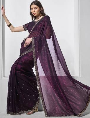 burgundy embellished beads and stones organza saree 4