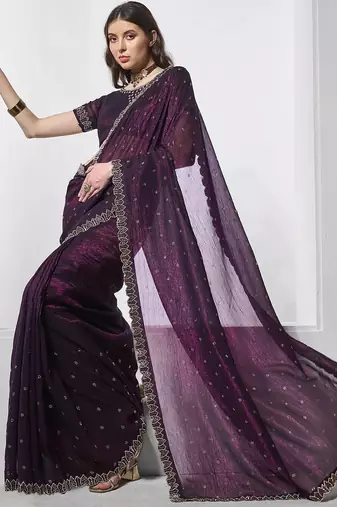 burgundy embellished beads and stones organza saree