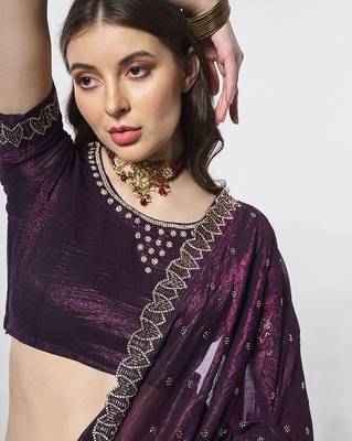 burgundy embellished beads and stones organza saree 5