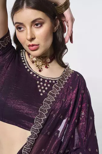 burgundy embellished beads and stones organza saree