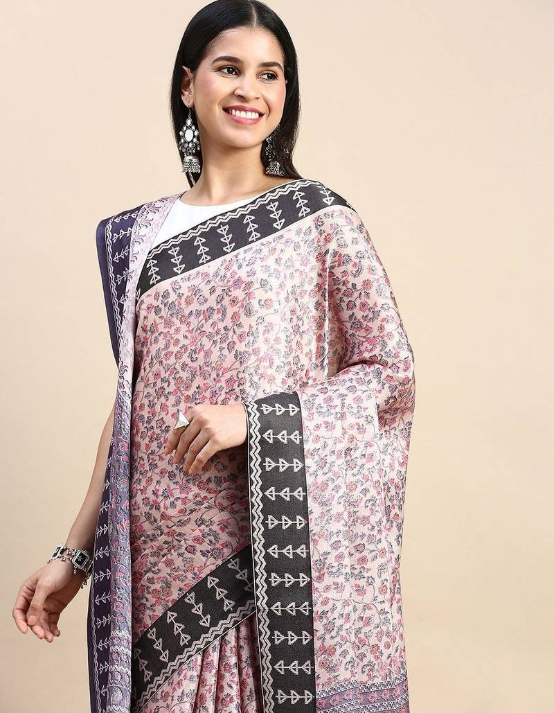 beige floral printed pashmina saree