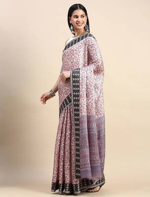 beige floral printed pashmina saree 3