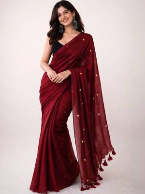 maroon mirror work pure cotton handloom khadi saree 1