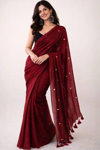 maroon mirror work pure cotton handloom khadi saree