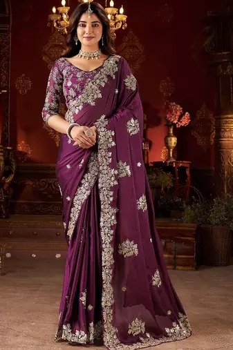 purple floral gotta patti silk blend designer saree
