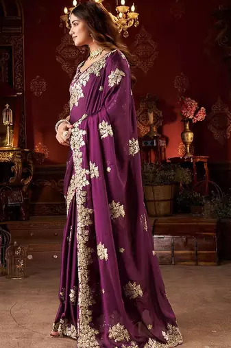 purple floral gotta patti silk blend designer saree