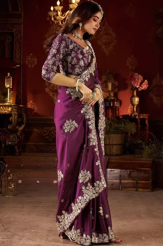 purple floral gotta patti silk blend designer saree