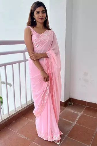 pink pink ethnic motifs sequinned poly georgette saree