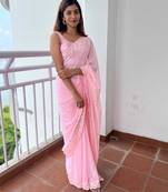 pink pink ethnic motifs sequinned poly georgette saree