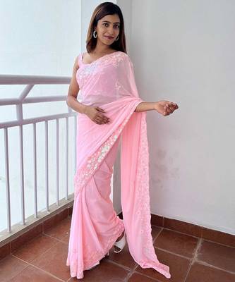 pink pink ethnic motifs sequinned poly georgette saree 2