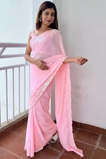 pink pink ethnic motifs sequinned poly georgette saree