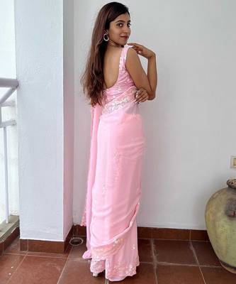 pink pink ethnic motifs sequinned poly georgette saree 3