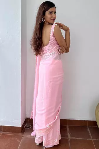 pink pink ethnic motifs sequinned poly georgette saree