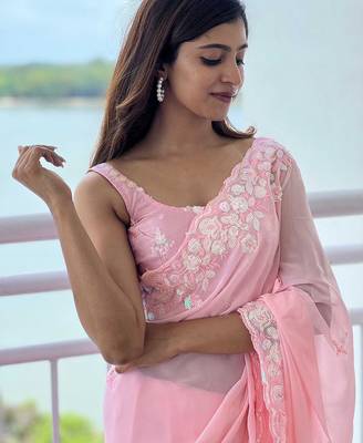 pink pink ethnic motifs sequinned poly georgette saree 5