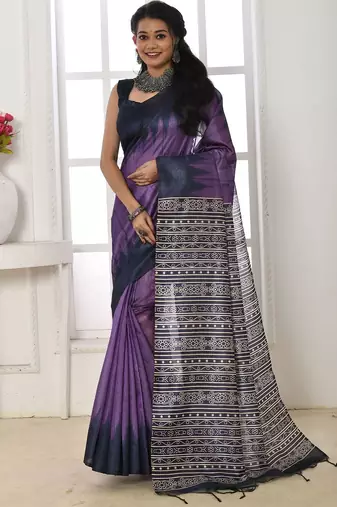purple silk blend tussar saree with tassels