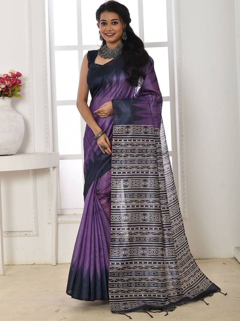 purple silk blend tussar saree with tassels